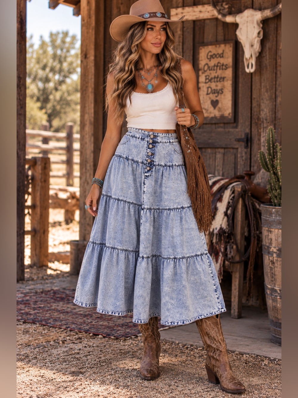 Mazik Acid Wash Denim Tiered Maxi Skirt Button Front Boho Western Prairie